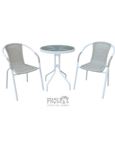 5033 Set Κήπου - Βεράντας : Τραπέζι + 2 Πολυθρόνες Μέταλλο Άσπρο / Wicker Beige