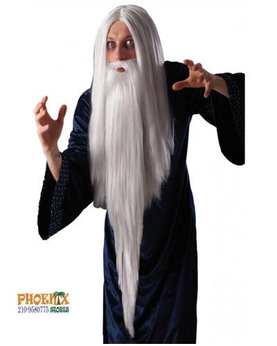 7052 Αποκριάτικη πεpoύκα μάγου λευκή με μούσια-μουστάκι