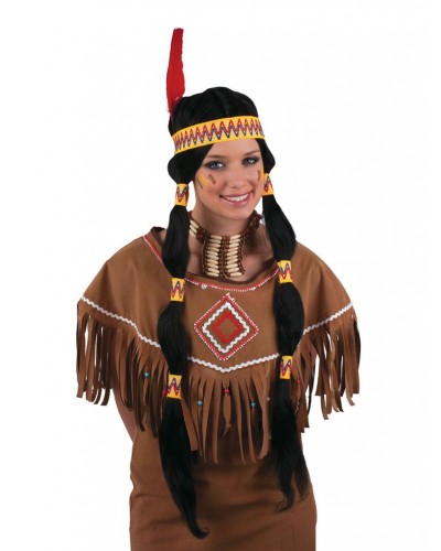 7090 Αποκριάτικη Περούκα Ινδιάνας Με Κοτσίδες & Διακοσμητικά